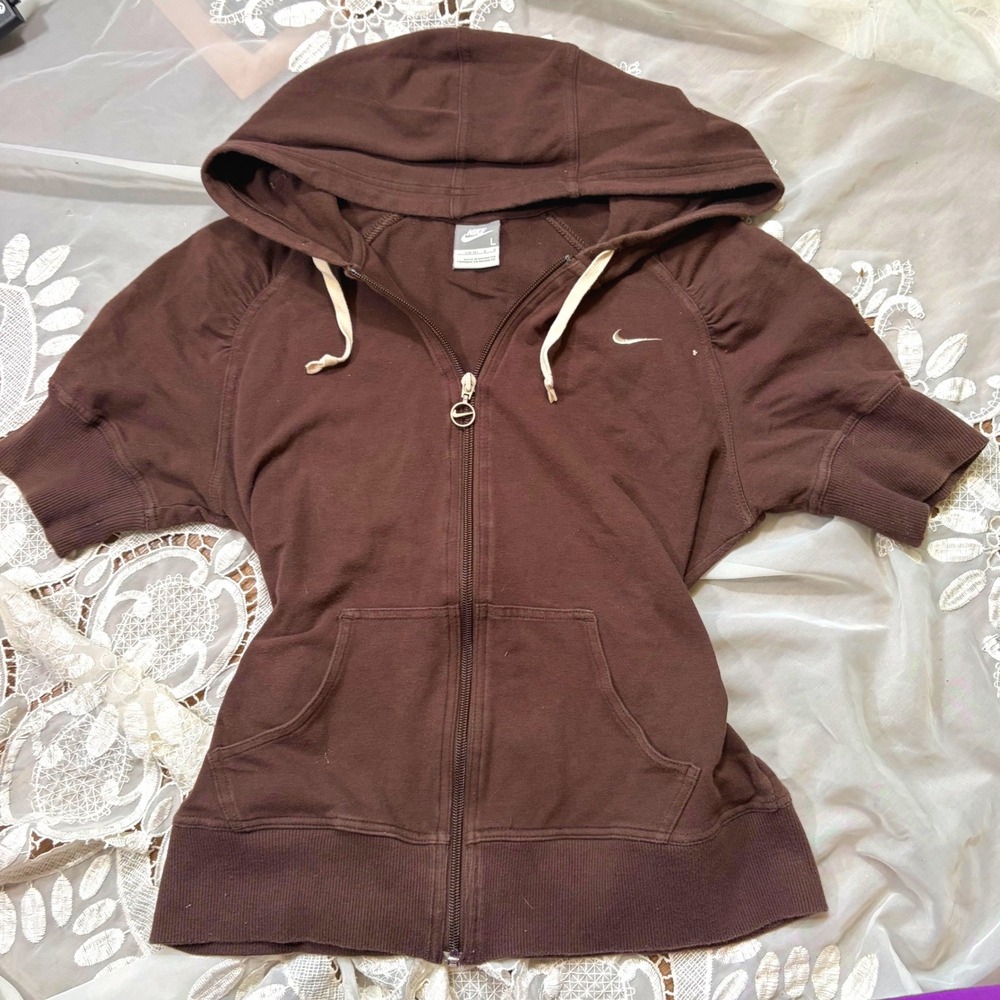 Y2K Workout Nike Short Sleeve Full Zip Hoodie Brown Swoosh Logo L